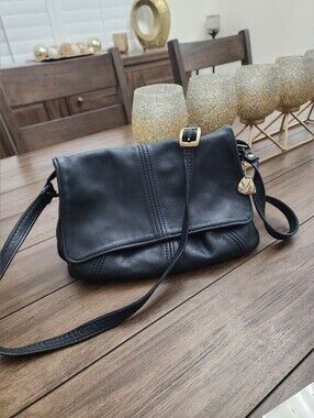 Victoria Leather Company Navy Blue Leather Crossbody Bag with Gold Accent